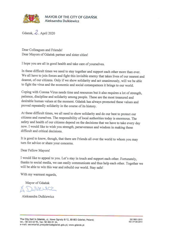 Письмо от мэра Гданьска